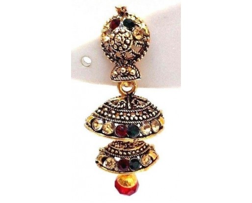 Golden Oxidized Women Earring Jhumka Jhumki Jewelry Drop Push Back Rhinestone 87